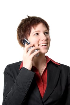 girl in business clothes on the cell phone happy