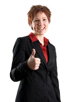 woman in a black jacket with thumbs up