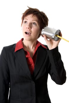woman on a tin can phone acting surprised