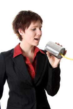 woman talking on the tin can phone