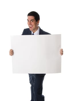 hyper man in blue suit holding a white card