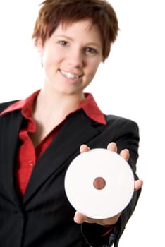 cute woman showing blank CD at the camera