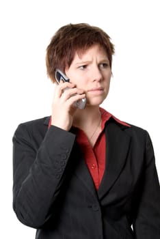 annoyed woman in black jacket on the cell phone