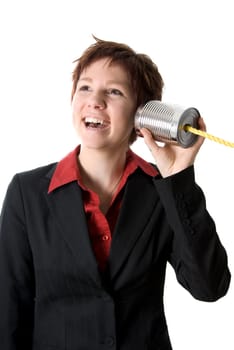 woman being happy and laughing on the tin can
