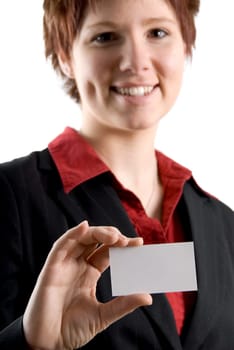 woman holding a blank white business card