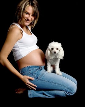 poodle dog on future mother's lap on black