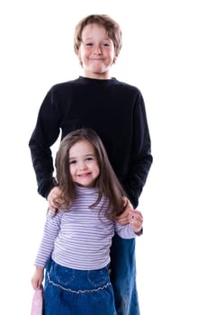 brother and sister ona white background together