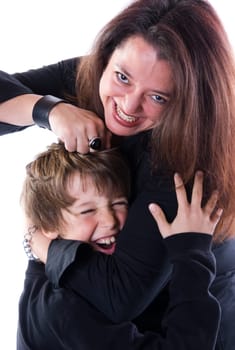 Mom and boy playing on white background