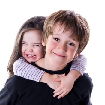 brother and sister ona white background together