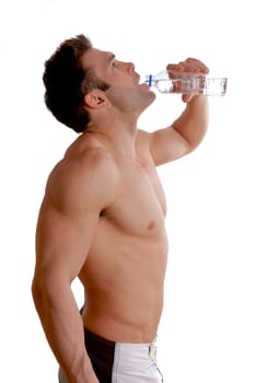 topless man doing a workout and drinking water