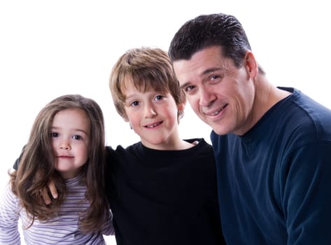 father wih his son and daughter on white