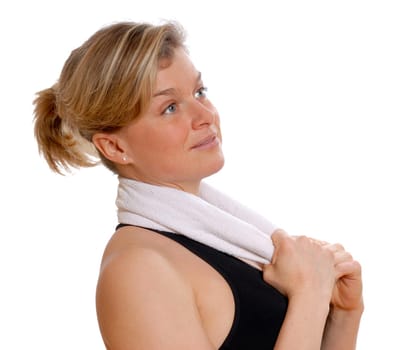 cute blond woman with a towel around her neck