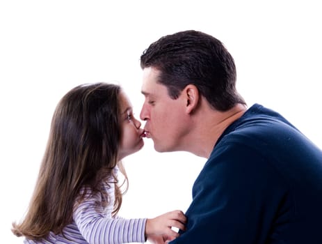father and daughter love and kiss on white