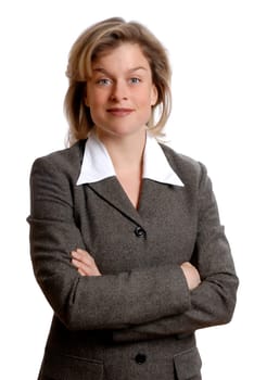 woman in a grey jacket on an isolated white