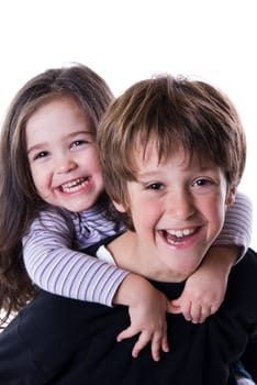 brother and sister ona white background together