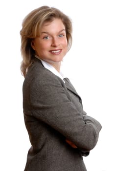 woman in a grey jacket on an isolated white