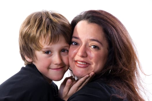 mom and boy showing love on white
