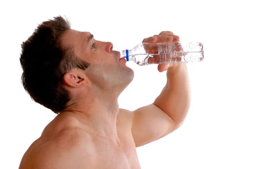 shirtless man doing a workout and drinking a bottle