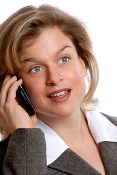 cute vlond businesswoman on the phone on white