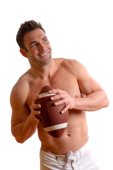 happy man in athlete on a white background with a ball
