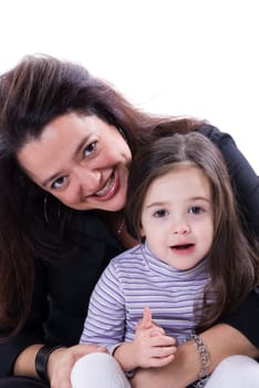 Mom and girl playing on white background