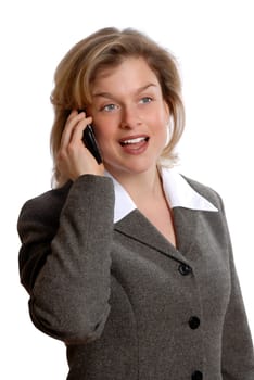 cute vlond businesswoman on the phone on white