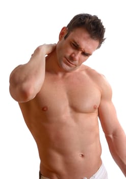 topless man athlete in pain holding his neck