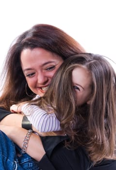 Mom and girl playing on white background