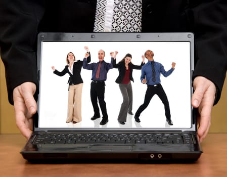 business person's hands holding a laptop white