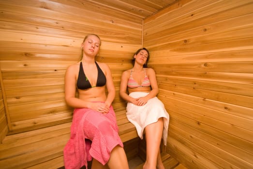 two women relaxing in the wood sauna