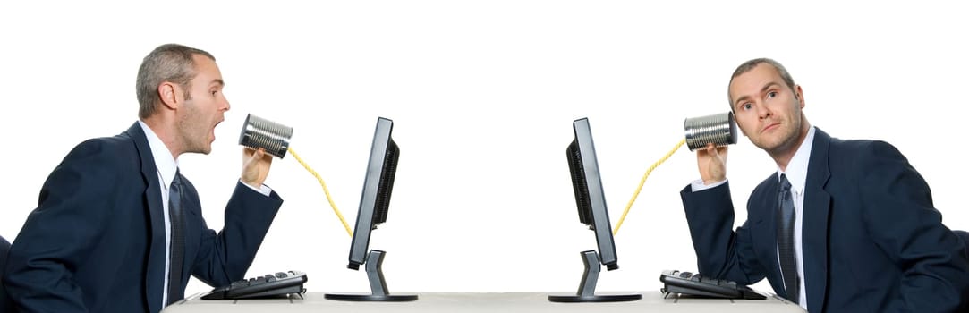 2 businessmen with telephone can internet communication