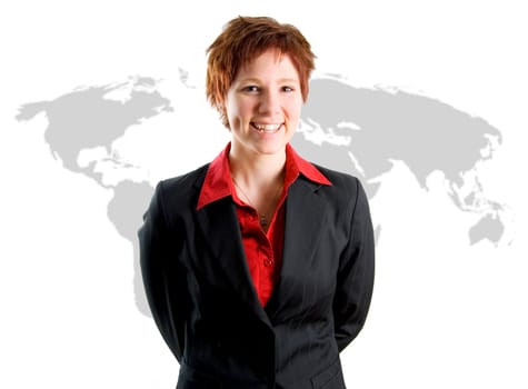 Business Woman International on a world map background