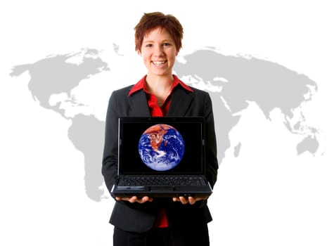 Business Woman International on a world map laptop