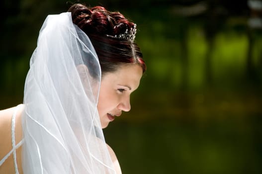 White Bride at her wedding posing with veil