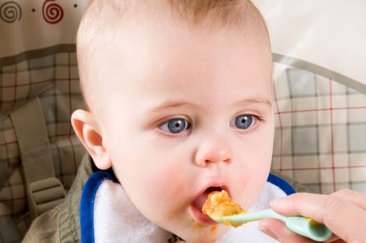 parent feeding a cute baby healthy food