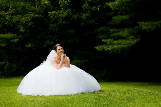 White Bride at her wedding posing with veil