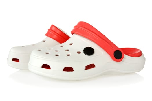 rubber sandals with reflection on white background