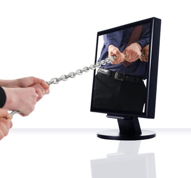 a computer flat screen monitor chain pulling