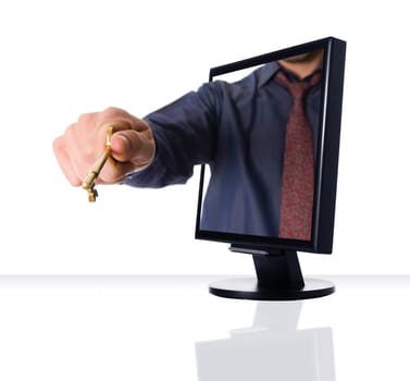 a computer flat screen monitor with gold key
