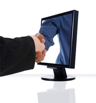 a computer flat screen monitor with a handshake