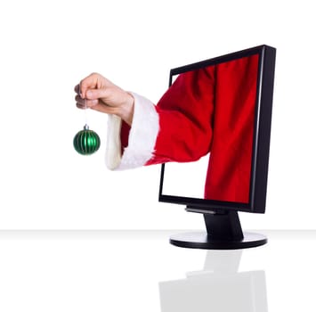 Santa clause with a ball coming out of a monitor
