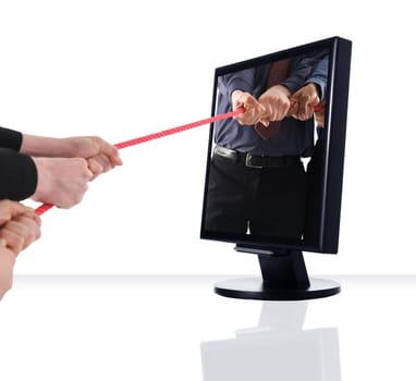 a computer flat screen monitor rope war