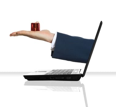 a hand giving a present from a laptop