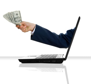 a hand giving some money from a laptop