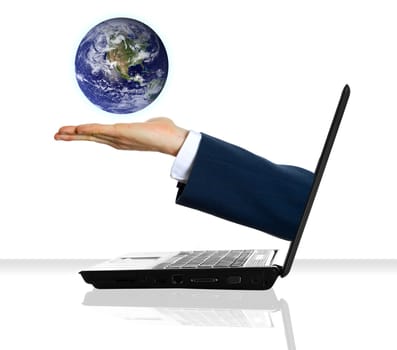 a hand holding a planet from a laptop