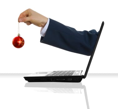 a hand giving an ornament from a laptop
