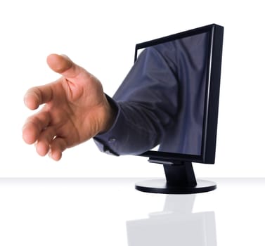 a computer flat screen monitor with a handshake