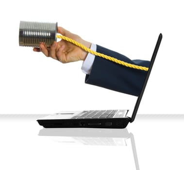 a hand giving his tin can phone from a laptop