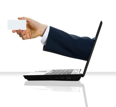 a hand giving his card from a laptop