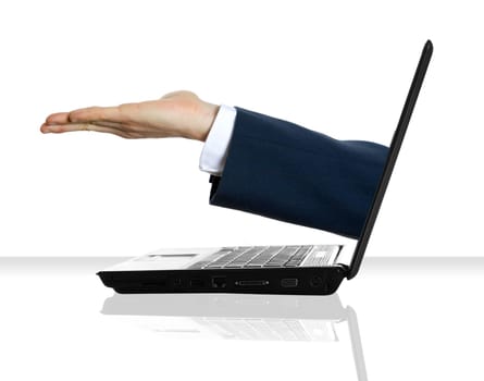 an empty hand sticking out of a monitor